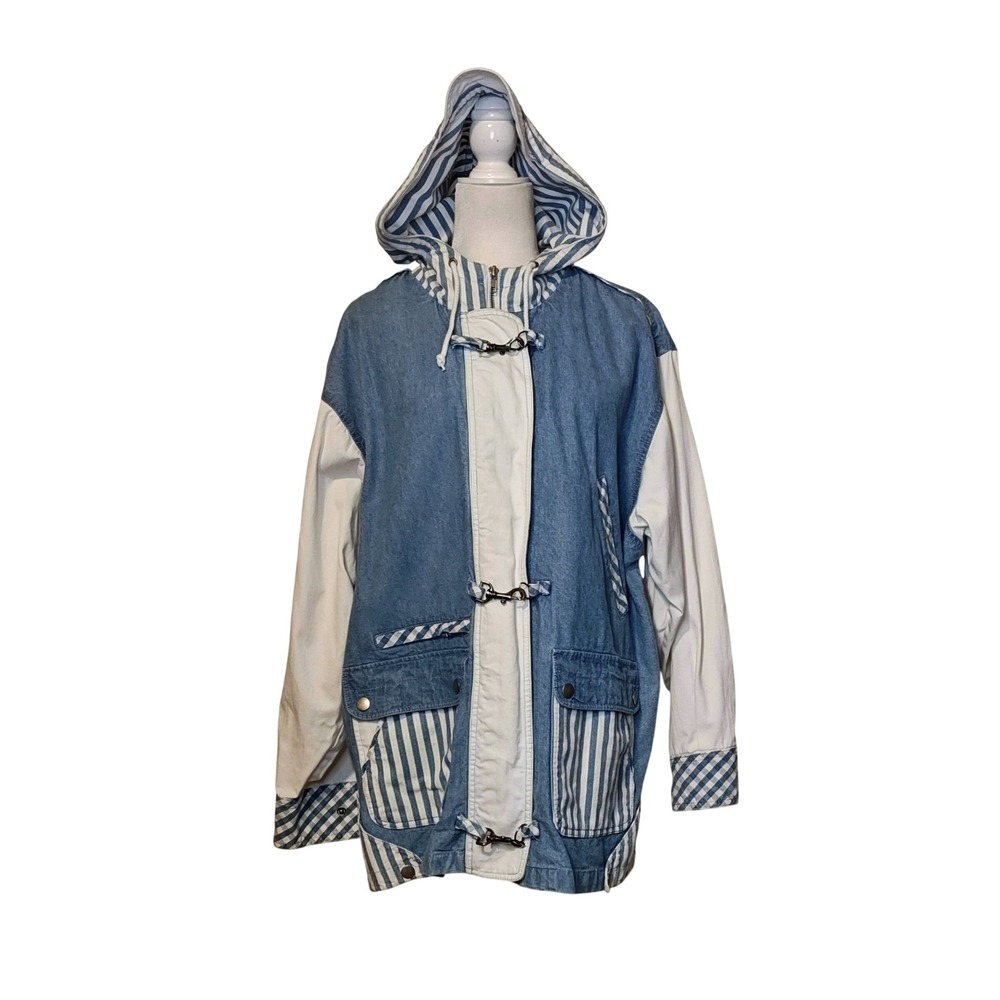 VTG East West Denim Jacket Women M Blue‎ White Mixed Media Striped Hooded Toggle